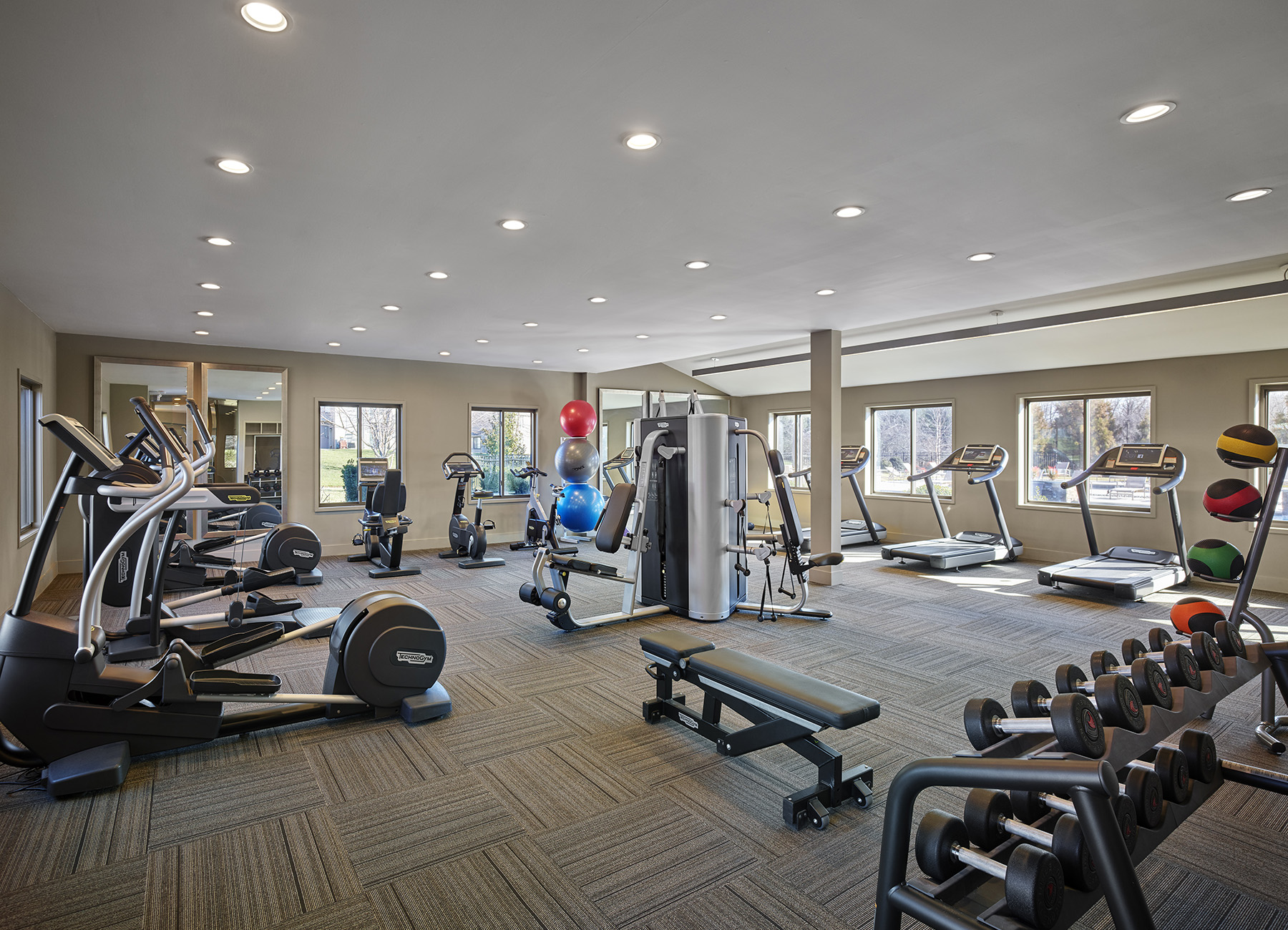 Modern fitness facility with carpet, machines, free weights, and yoga balls
