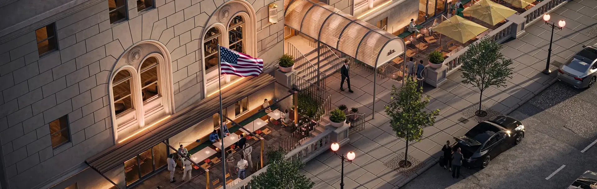 Drone view of the entrance into the Hotel AKA Back Bay