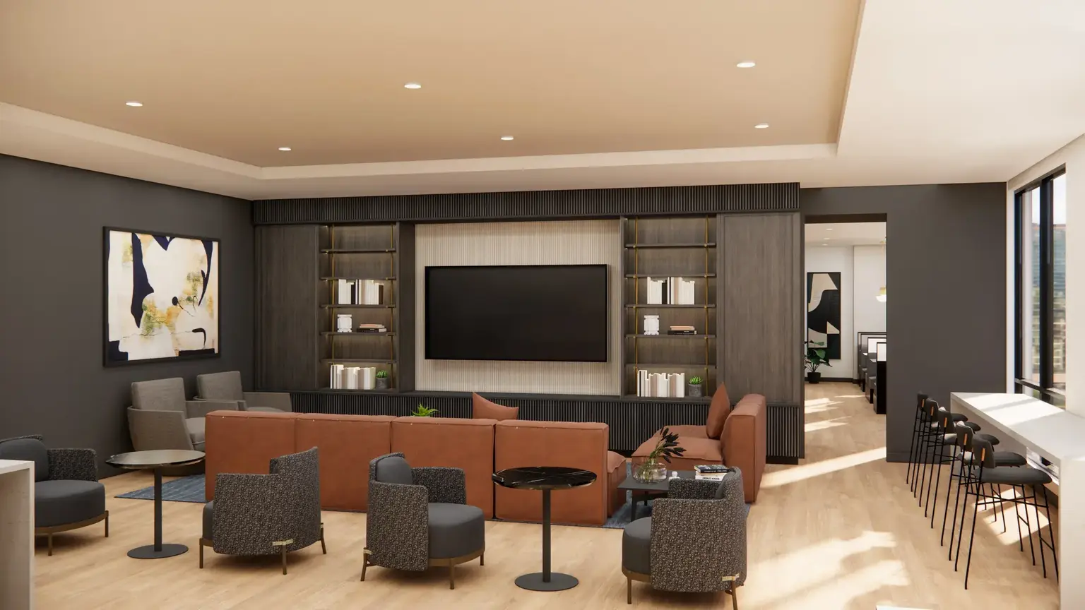Rendering of AVE Station House resident lounge with seating and a large screen tv