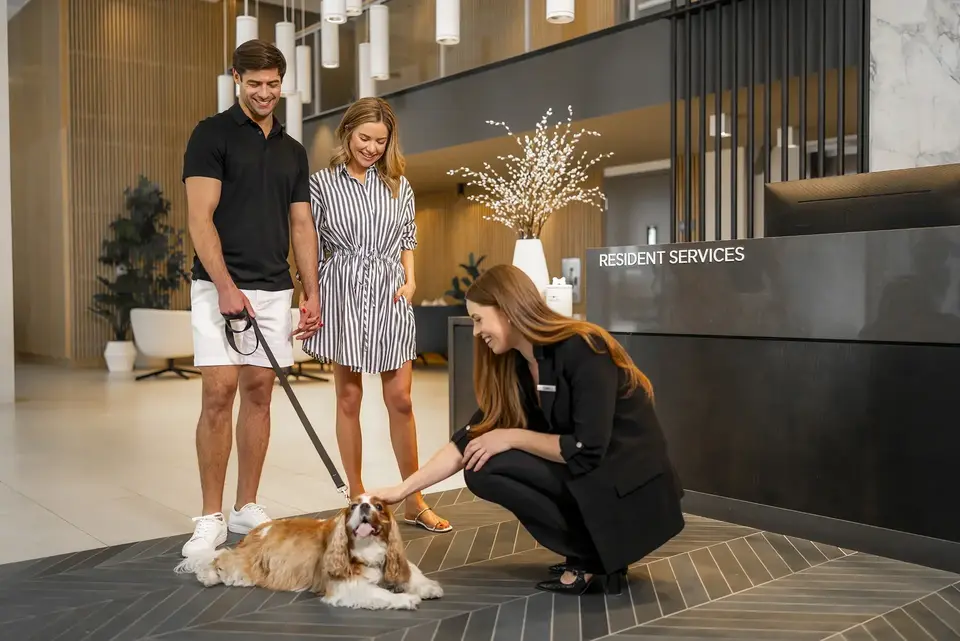 A couple with a dog and a representative of an AVE Resident Services team at AVE Phoenix Sky property