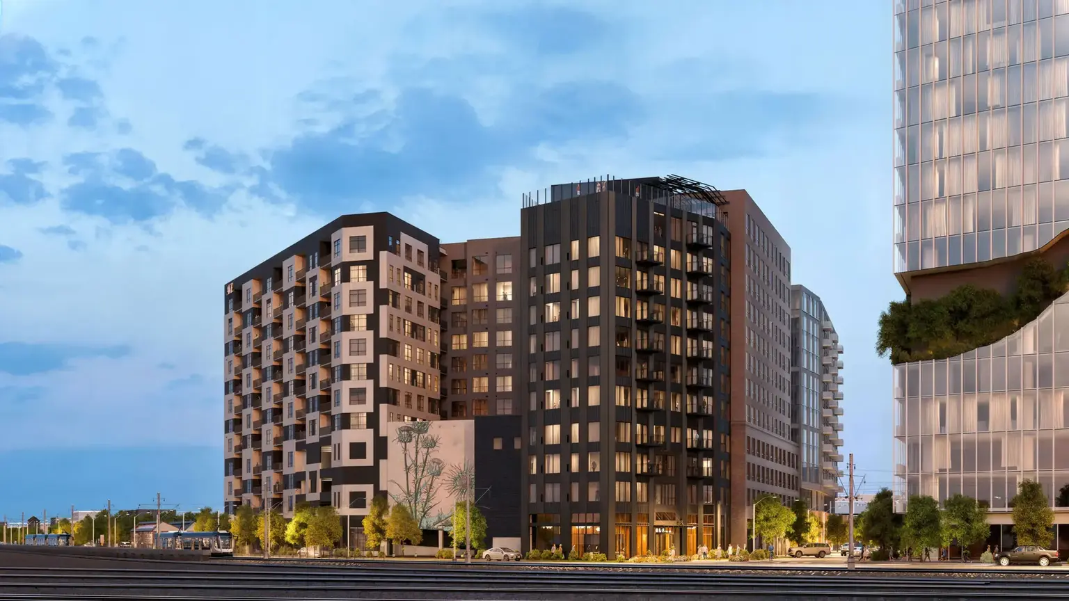 Rendering of the high-rise exterior in the new construction of AVE Denver Station House