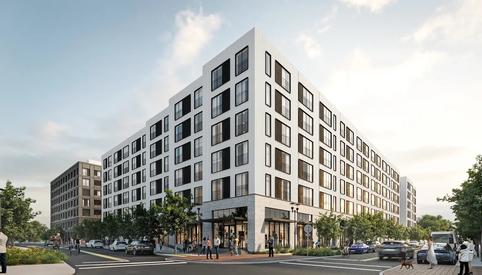 Building exterior rendering of AVE Constitution building at Navy Yard in Philadelphia
