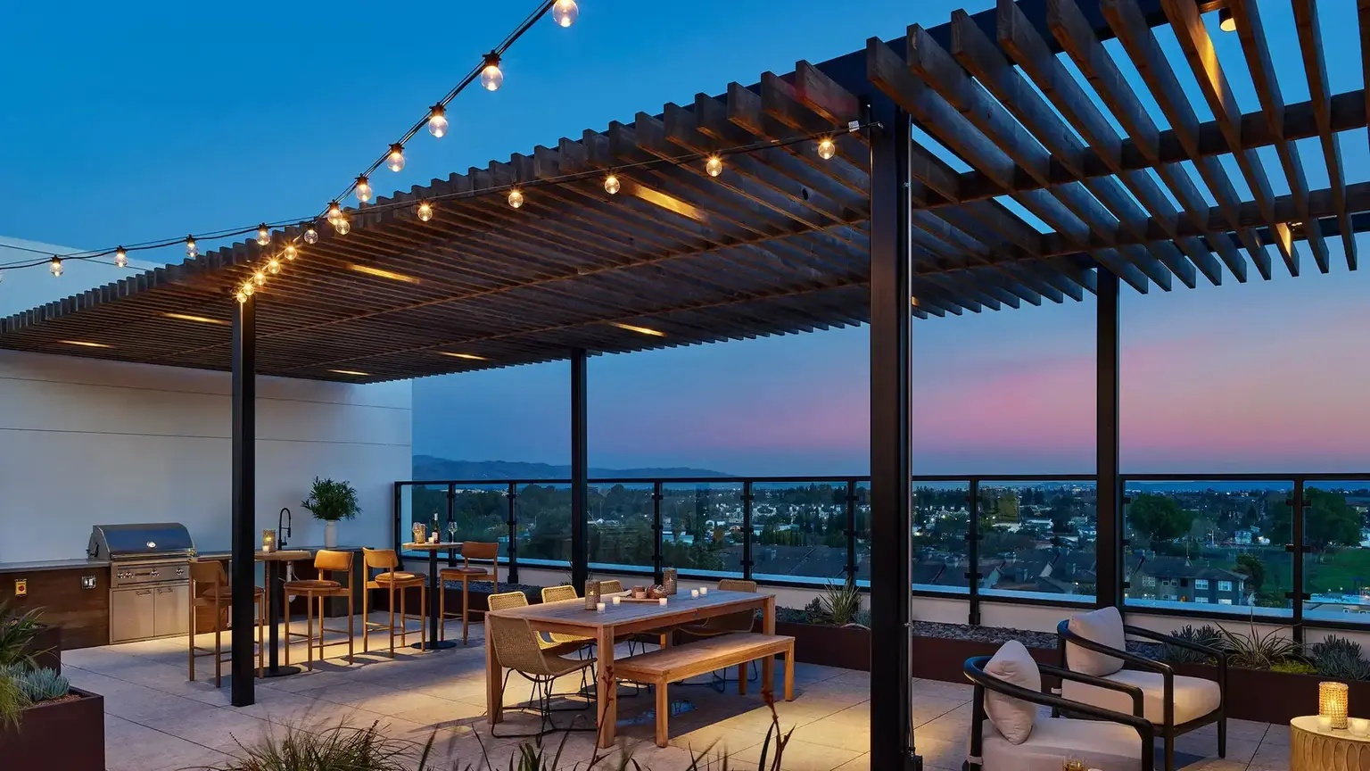 AVE Santa Clara Terrace at dusk overlooking Silicon Valley