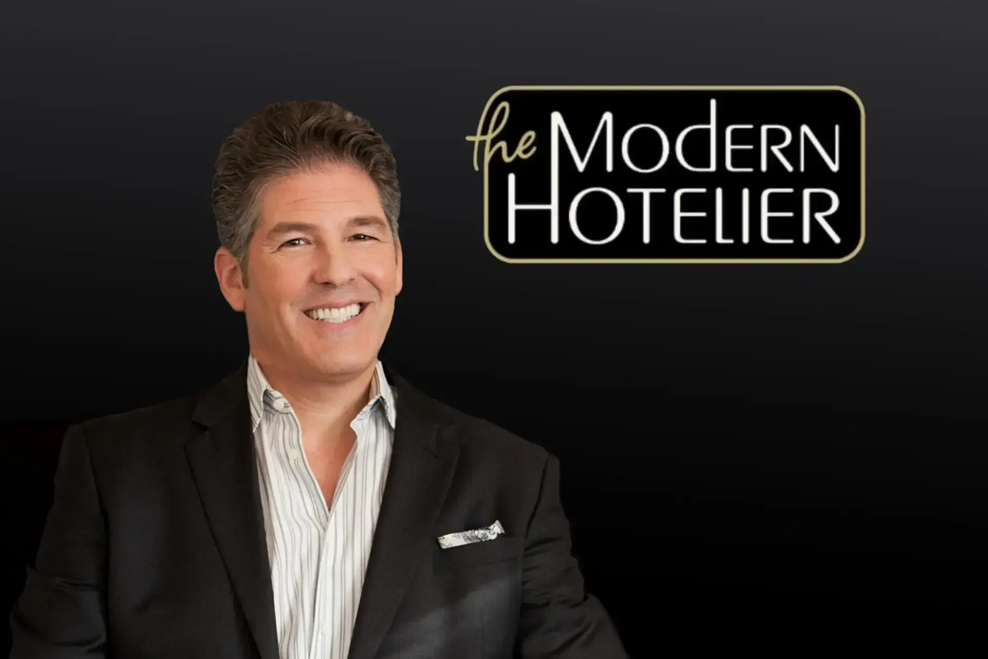Larry Korman's portrait and The Modern Hotelier logo on black background