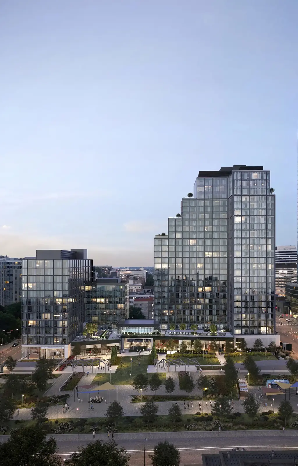 AVE Hamilton Green Exterior drone shot at dusk