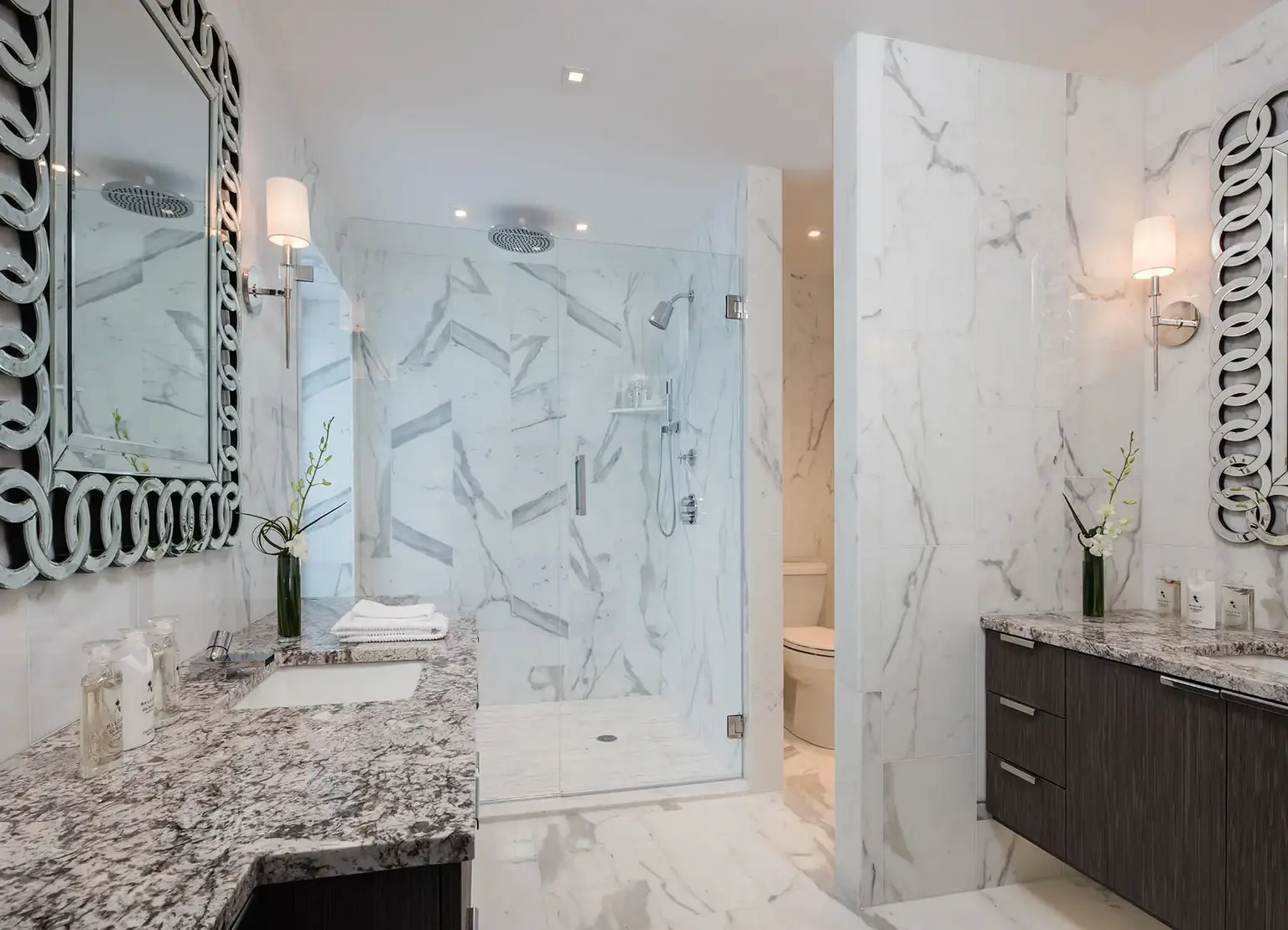 AKA Sutton Place furnished apartment bathroom with marble finishes and large shower