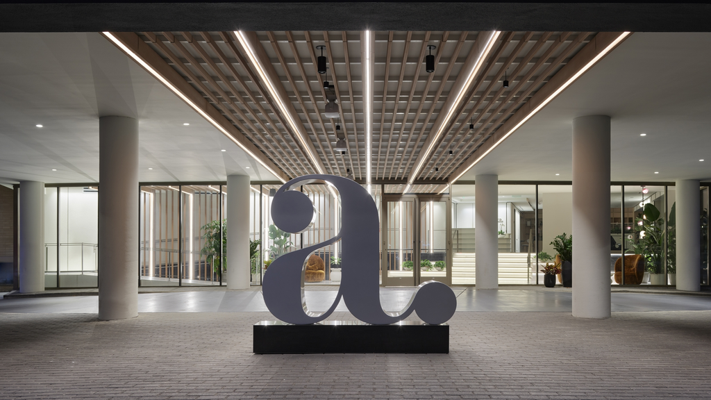Hotel AKA Washington Circle Entrance with a close up on a large a. logo