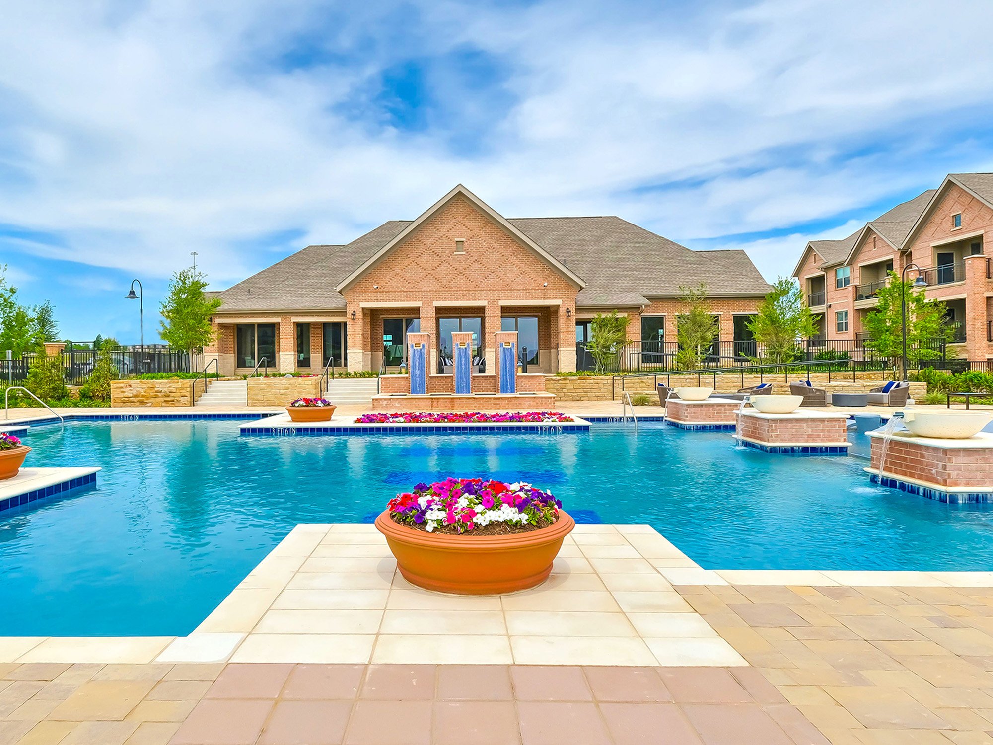 Pool area with flower garden. AVE near Dallas, Texas