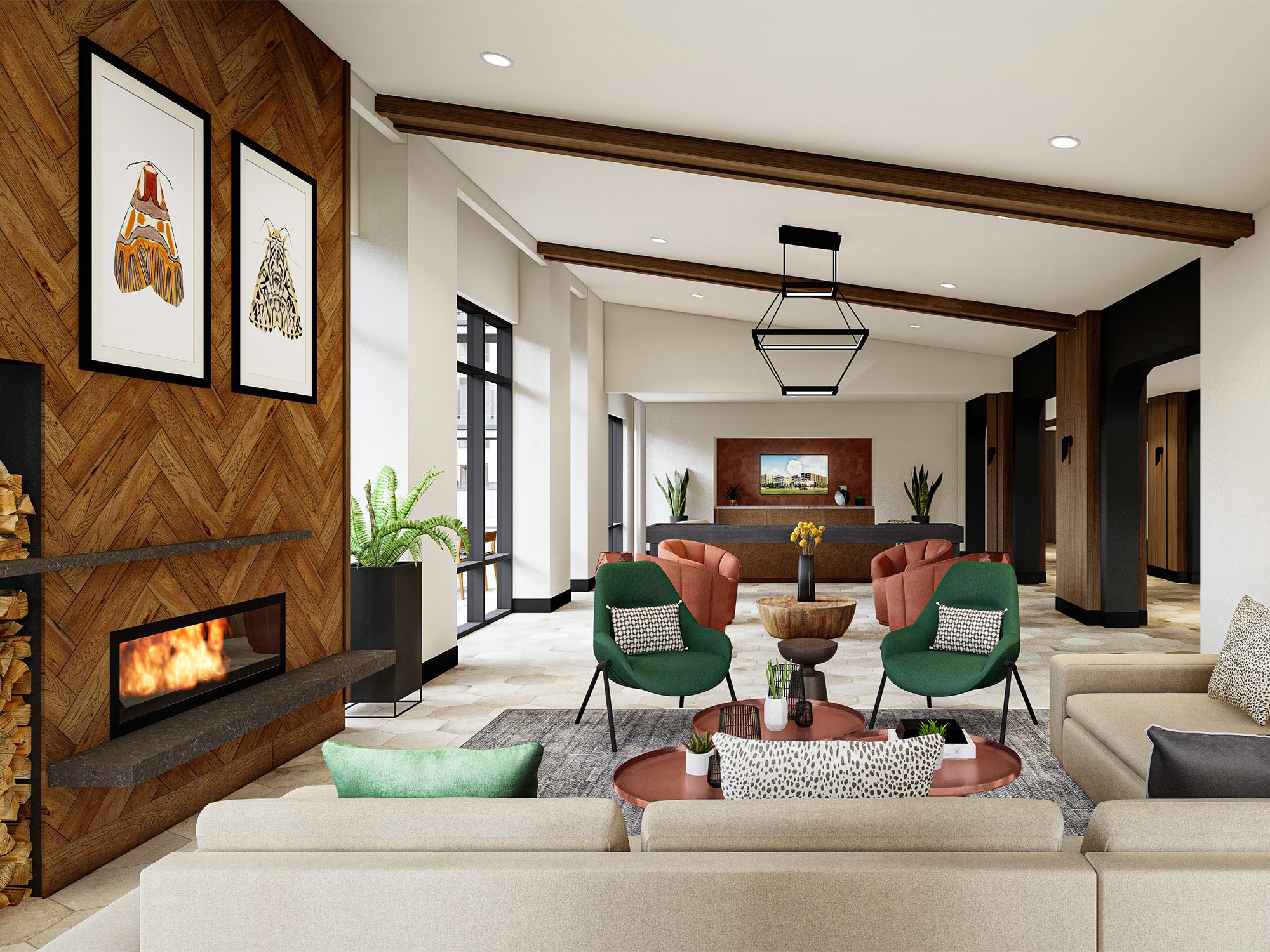 AVE Tampa Riverwalk lobby with chairs, couches, and fireplace 
