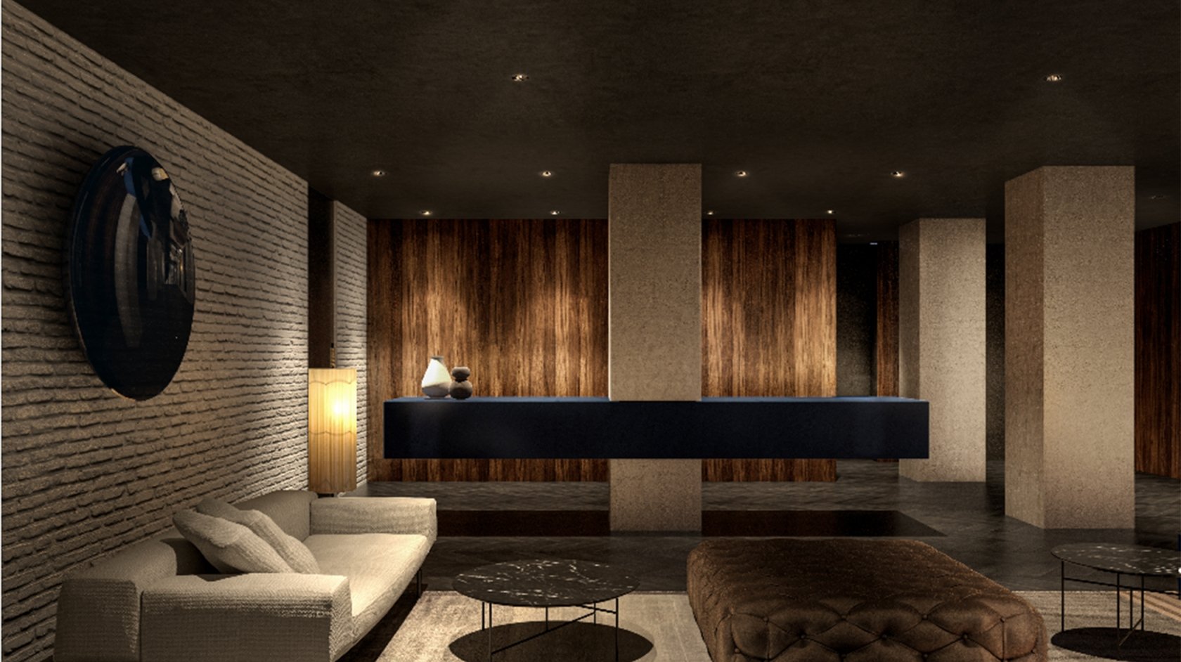 Hotel AKA NoMad lobby with modern furnishings and dim lighting