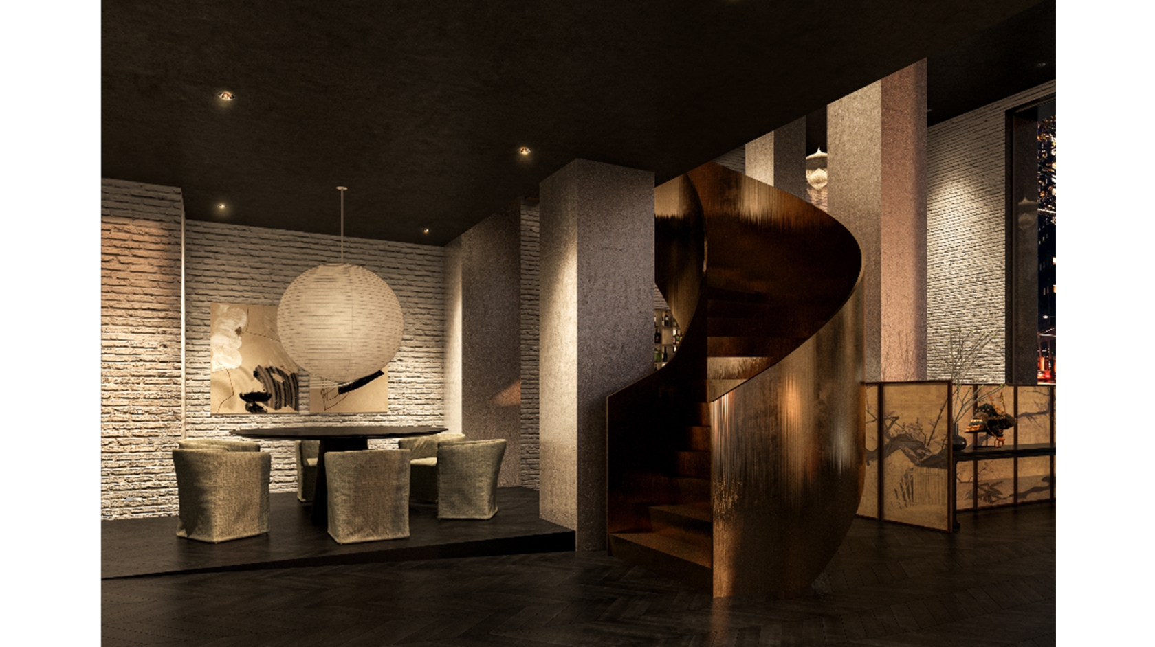 Hotel AKA NoMad interior with a modern circular stairway and cozy seating area